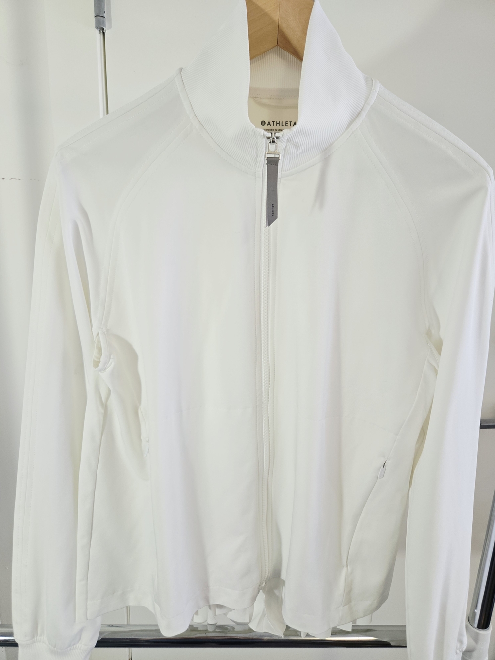 Athleta White Full-Zip Athletic Bomber Jacket Pleated Back
